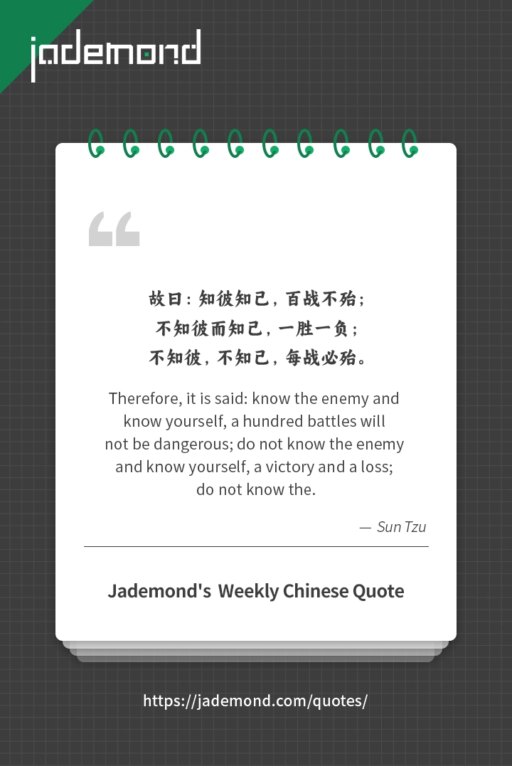 故曰：知彼知己，百战不殆；不知彼而知己，一胜一负；不知彼，不知己，每战必殆