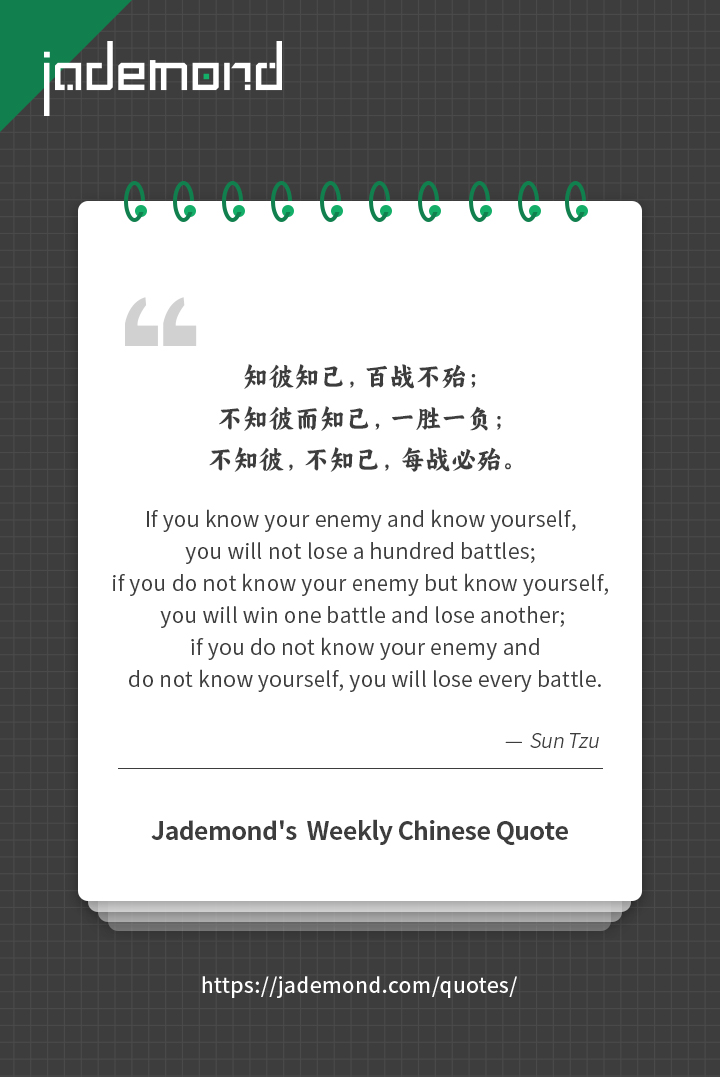 知彼知己，百战不殆；不知彼而知己，一胜一负；不知彼，不知己，每战必殆