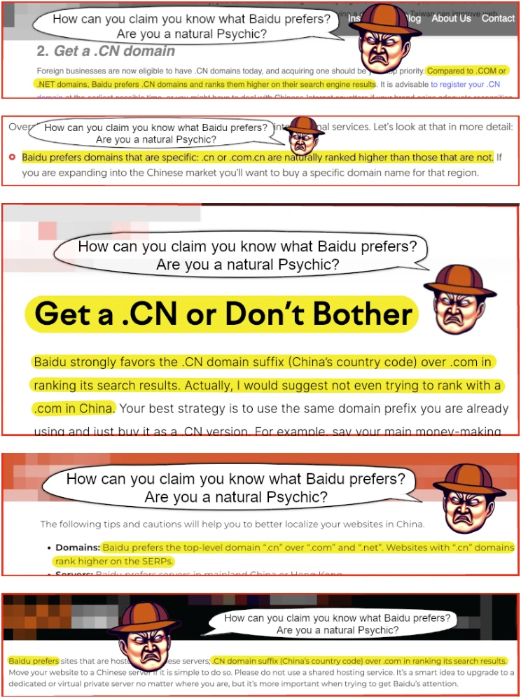 Get a .cn domain or do not bother with baidu seo - one of the worst claims on baidu seo