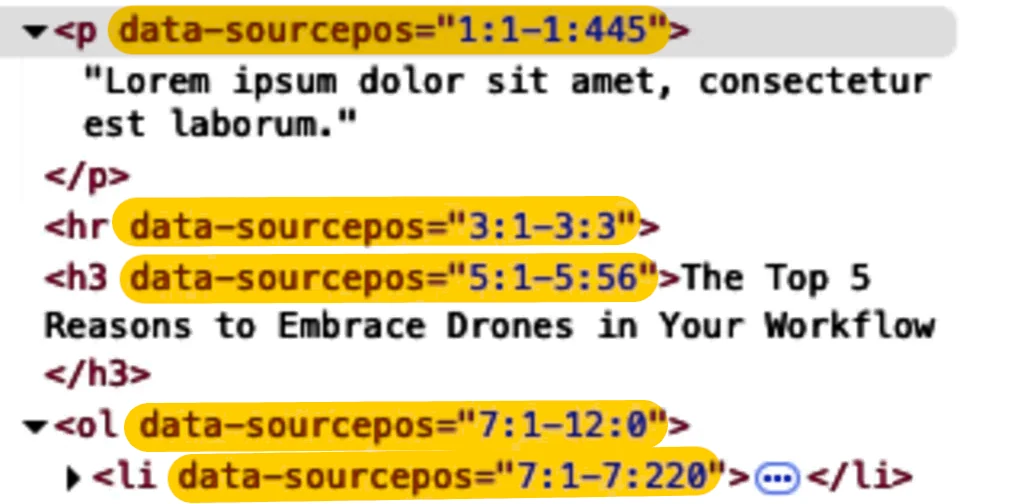 Google Gemini AI content HTML showing unique formatting and inline code patterns