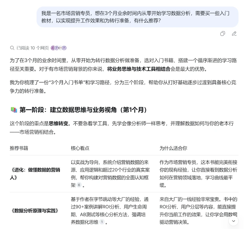 Deepseek Value orieented prompt: In this instance, the AI (Deepseek) response provided recommendations for specific foundational texts, such as "Evolution: Be a Marketing Professional Who Understands Data" and "Data Analysis Principles and Practice."